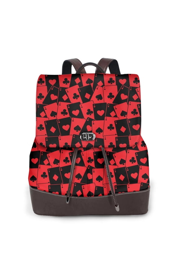 Playing Cards Print Large Backpack Soft Leather for Women Travel with Compartment, Adjustable Convertible Strap