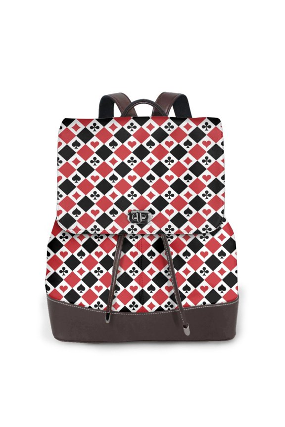 Playing Cards Print Large Backpack Soft Leather for Women Travel with Compartment, Adjustable Convertible Strap
