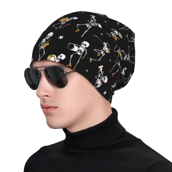 Xecao Playing Music Skeletons Print Beanie Knitted Hat for Men Women, Winter Fashion Knit Cuffed Caps Unisex
