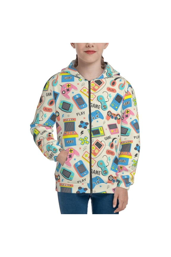 Playing Video Games Pattern Zip Up Hoodies for Boys Girls, Sweatshirt with Pockets-Small