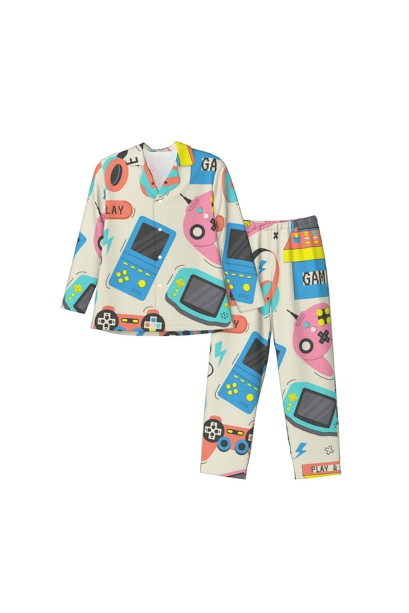 Playing Video Games Print Pajamas Set Mens Pajamas Long Sleeve Loungewear Two-Piece Sleepwear Button-Down Pjs Set,2PJS-Large
