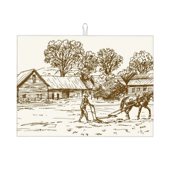 Xecao Plowed Field With Horses Patten Drying Mat,Dish Drying Mats for Kitchen Counter,Super Absorbent Dish Drying Pads 1824 Inch