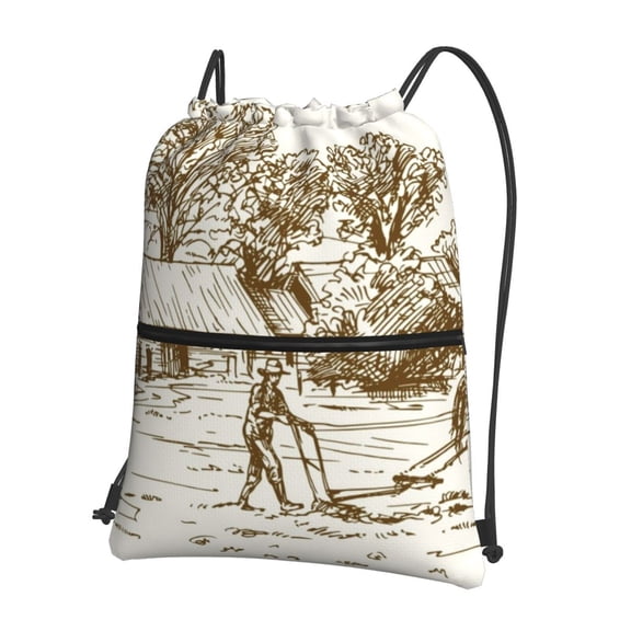 Xecao Plowed Field With Horses for Drawstring Bags,Pull String Backpack Bags,String Bag Sackpack