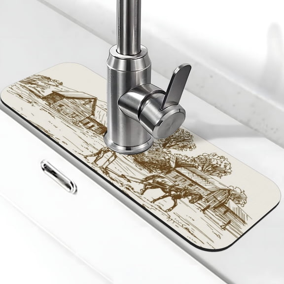 Xecao Plowed Field With Horses for Kitchen Sink Splash Guard Faucet Mat , Faucet Guard & Draining mat, (15" X 5.5" )