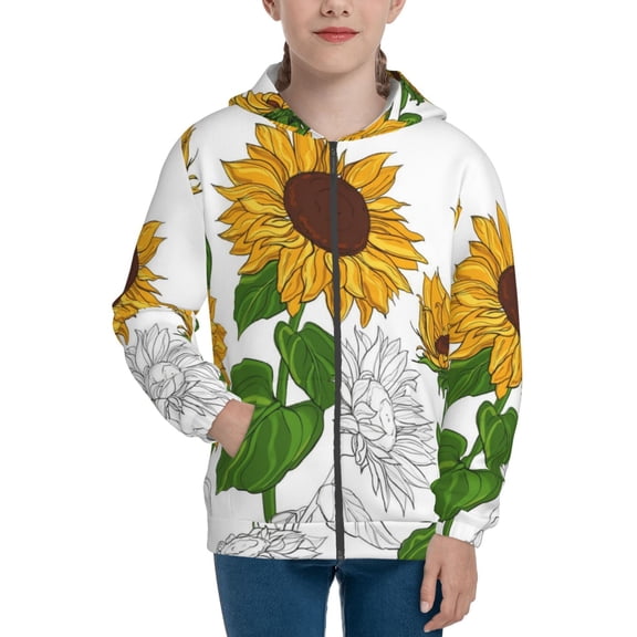 Xecao Plump Sunflower And Sketch Pattern Zip Up Hoodies for Boys Girls, Sweatshirt with Pockets-Medium