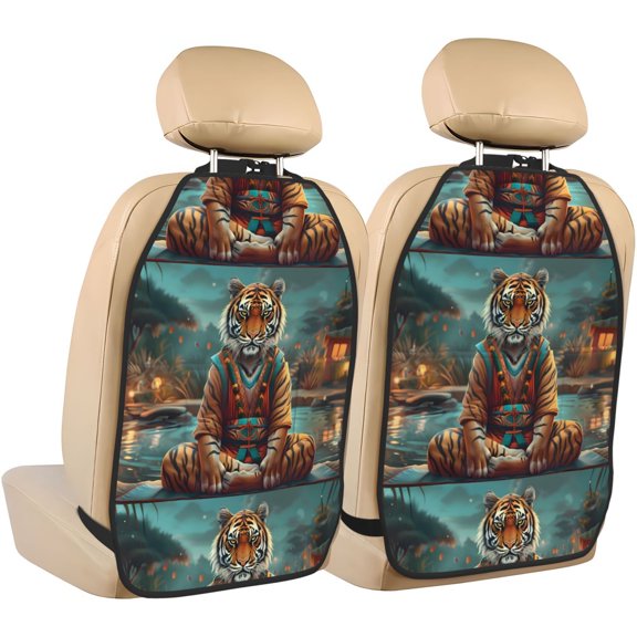 Xecao Pond Meditating Tiger Pattern Car Seat Back Protector 2 Pack Large Capacity Pocket, Kick Mats Back Seat Protector