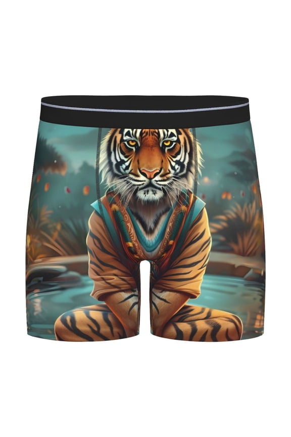 Pond Meditating Tiger Print Boxer Briefs for Men's Stretch Moisture-Wicking Underwear, Mid-Rise Classics breathable fabric