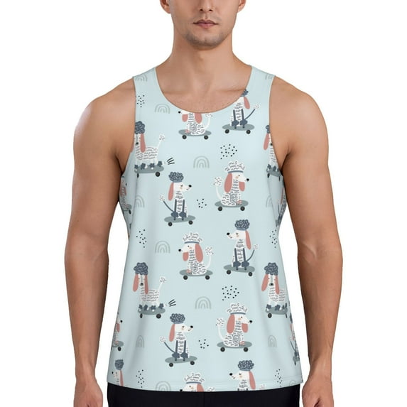 Xecao Poodle Playing Skateboard Men's Tank Top Workout Quick Dry Sleeveless Gym Jogging Muscle Shirts Summer Swim Beach Tops