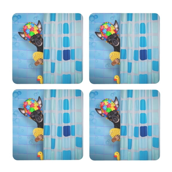 Xecao Prague Ratter Dog in Bathtub for MDF Cork Coaster 4 Pcs,Drink Coasters,Suit for House Warming Gifts New Home ,Coffee Table Decor-Square