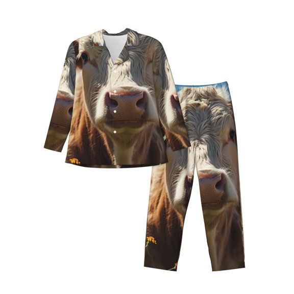 Xecao Prairie Flower Cow Print Pajamas Set Mens Pajamas Long Sleeve Loungewear Two-Piece Sleepwear Button-Down Pjs Set,2PJS-Medium