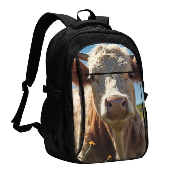 Xecao Prairie Flower Cow for Travel Laptop Backpack, USB-Charging-Enabled, Spacious Business Backpack for Men and Women,College School Computer Bag