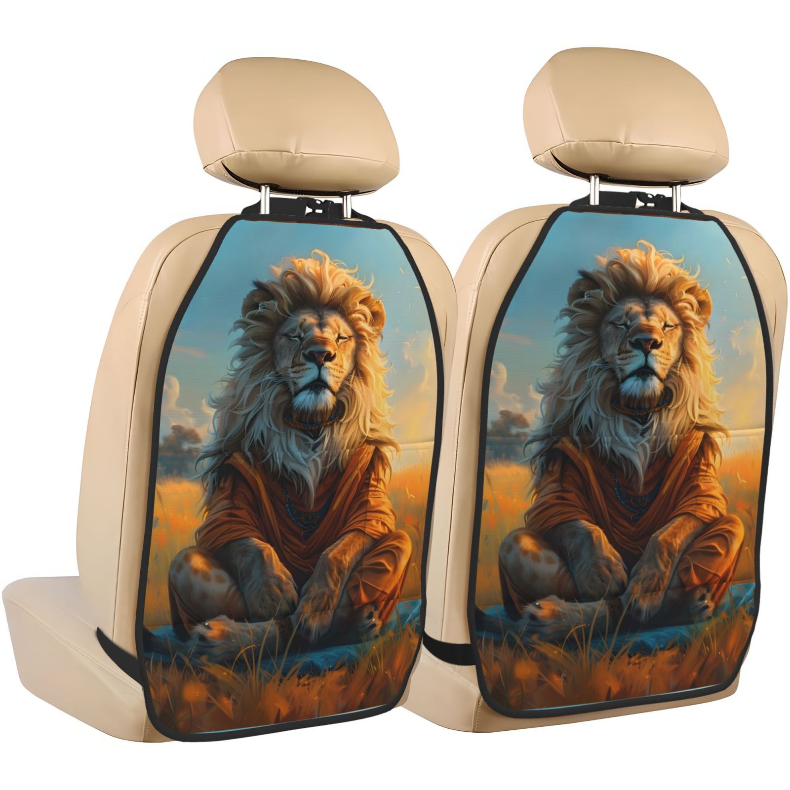 Xecao Prairie Meditating Lion Pattern Car Seat Back Protector 2 Pack Large Capacity Pocket, Kick Mats Back Seat Protector