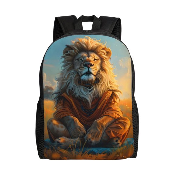 Xecao Prairie Meditating Lion Print School Backpack with Laptop Compartment Small Travel Laptop Backpack for Women Men Waterproof College Backpack Simple School Bag