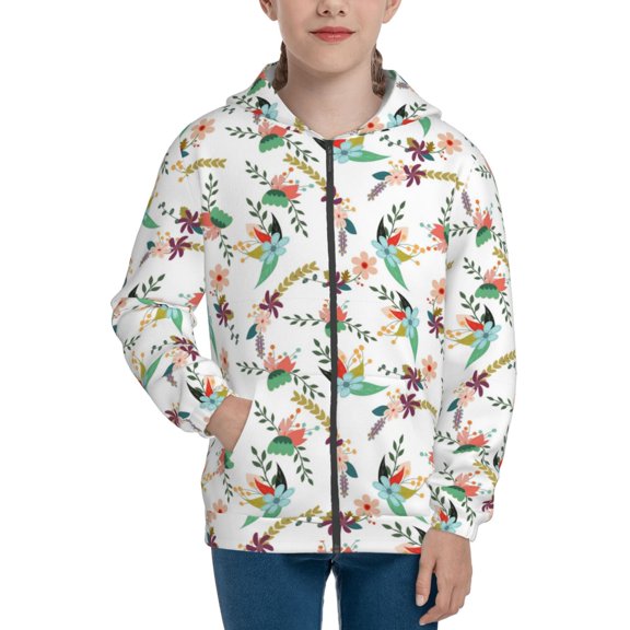 Xecao Pretty Floral With Leaves Pattern Zip Up Hoodies for Boys Girls, Sweatshirt with Pockets-Medium