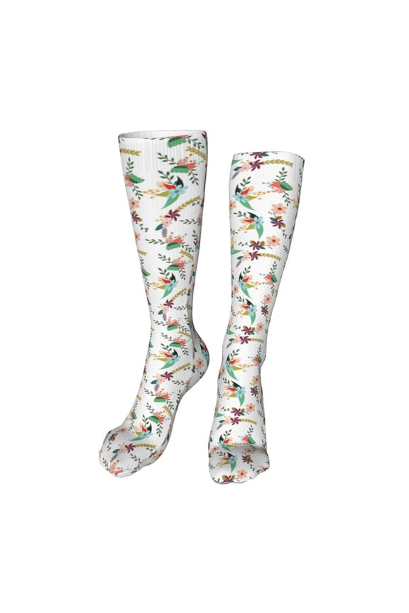 Pretty Floral With Leaves Print Calf Socks Seamless Toe, Knee High Long Socks, Sports Socks Trouser Socks for Women and Men-One Size