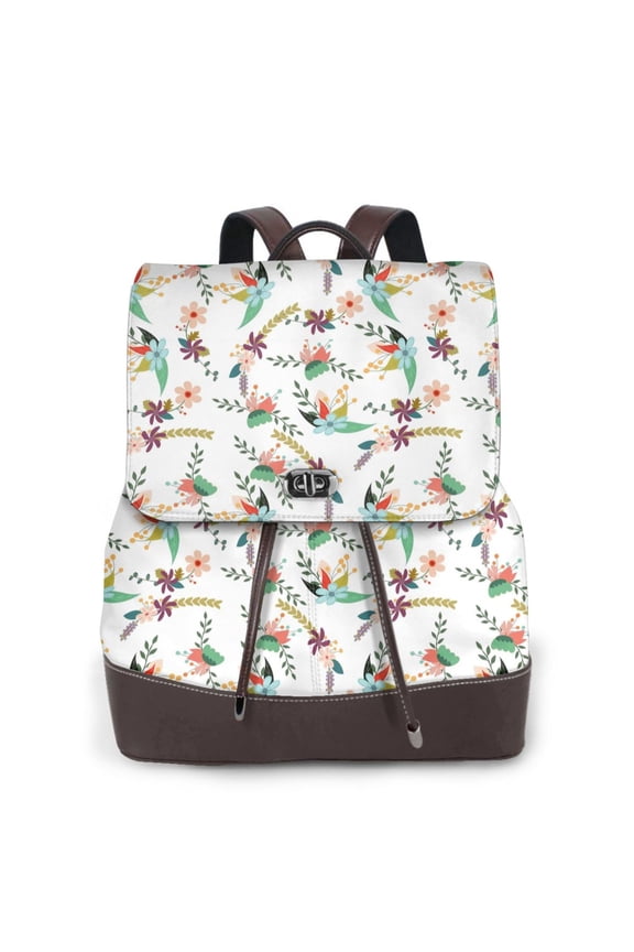 Pretty Floral With Leaves Print Large Backpack Soft Leather for Women Travel with Compartment, Adjustable Convertible Strap