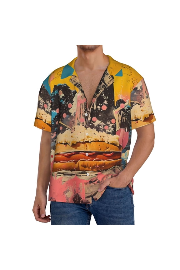 Psychedelic Band Hotdog Art Men's Casual Short-sleeved Shirt, a button-up collared shirt with a pocket-Small