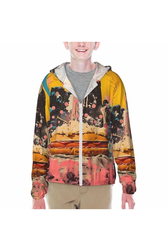 Psychedelic Band Hotdog Art Print Fishing Shirts for teenager Long Sleeve UV Sun Protection Hoodie with Zipper Outdoor Hiking Shirts-Small