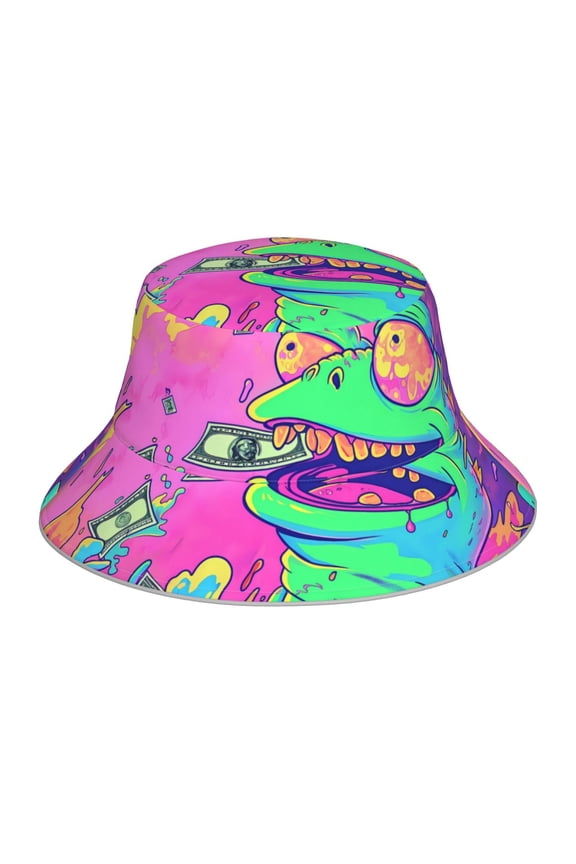 Psychedelic Cartoon Frog Print Men and Women Night Reflective Hat Runner Cap Visor Bucket Hat Boonie Cap