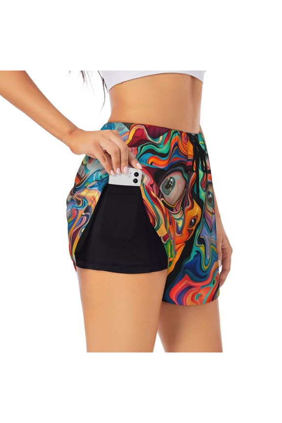 Psychedelic Faces Colorful for Double-layer Running Short for Women, Perfect for Gym, Tennis, and More, Featuring a Convenient Pocket-Large