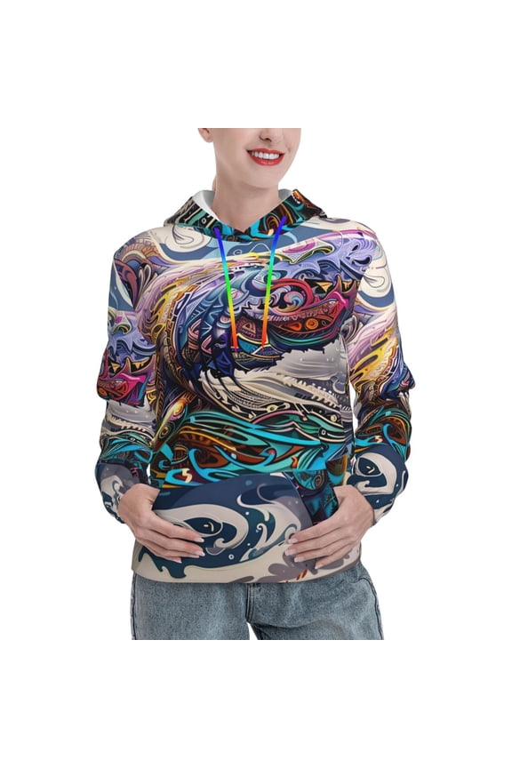 Psychedelic Shark Artwork Pattern Hoodies for Women Sweatshirts Long Sleeve Sweatshirts Pullover Outfits with Pocket-X-Large
