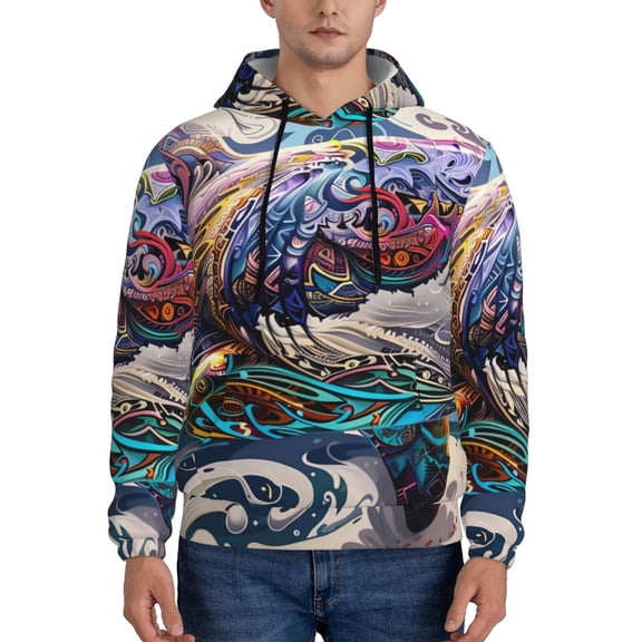 Xecao Psychedelic Shark Artwork Pattern Men's Adult Pullover Hoodie,Hooded Sweatshirt-XX-Large