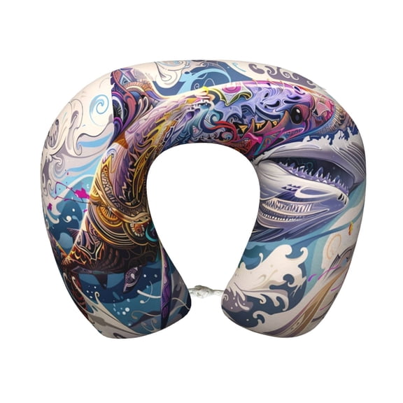 Xecao Psychedelic Shark Artwork Print Memory Foam Cervical Neck Pillow Versatile U-Shaped Pillows for Home,Office,Camping,Travelling,Soft Washable Cover
