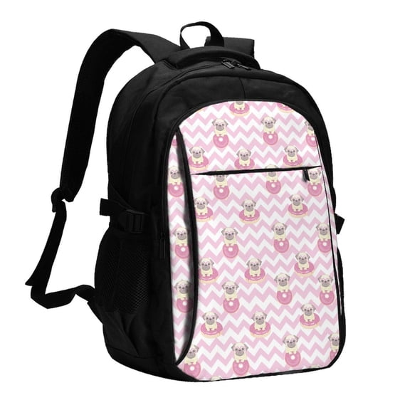 Xecao Pug And Donut for Travel Laptop Backpack, USB-Charging-Enabled, Spacious Business Backpack for Men and Women,College School Computer Bag