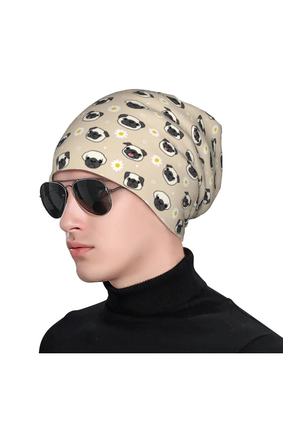 Pug Dog Face Print Beanie Knitted Hat for Men Women, Winter Fashion Knit Cuffed Caps Unisex