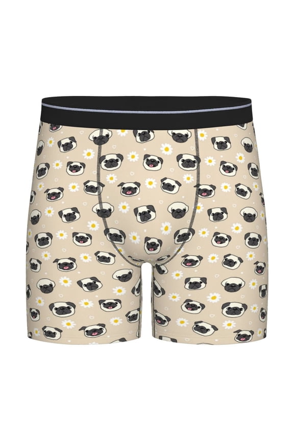 Pug Dog Face Print Boxer Briefs for Men's Stretch Moisture-Wicking Underwear, Mid-Rise Classics breathable fabric