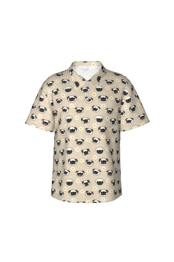 Pug Dog Face Print Hawaiian shirt - A Stylish Short-Sleeve Button-Down for Men, Perfect for Casual Beach and Tropical Outings.,Large