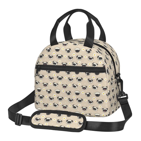 Xecao Pug Dog Face Print Insulated Lunch Box, Lunch Cags Lunch Bag Featuring An Adjustable Shoulder Strap