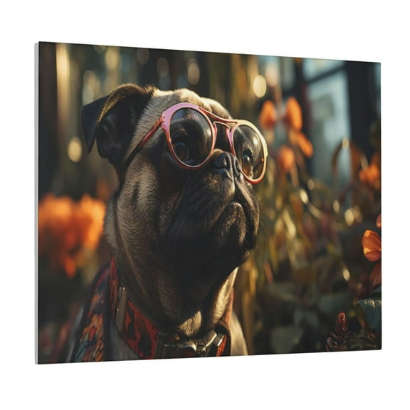 Xecao Pug Wearing Sunglasses Flowers for Waterproof Framed Canvas Art - Modern Home Decor with Real Wood Frame for Gifting and Interior Design,Horizontal