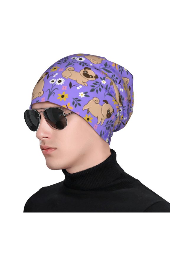 Pugs and Flowers Print Beanie Knitted Hat for Men Women, Winter Fashion Knit Cuffed Caps Unisex