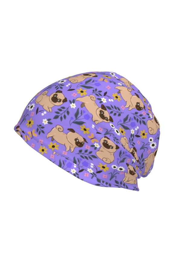 Pugs and Flowers Print Knit Hat,Winter Beanie for Men Women, Beanie Soft Warm Ski Stocking Cuffed Cap