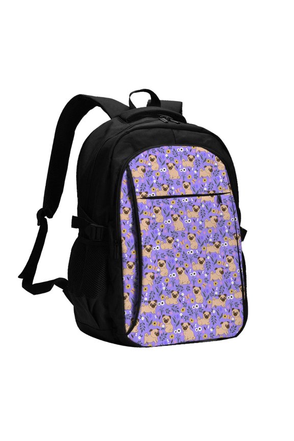 Pugs and Flowers for Travel Laptop Backpack, USB-Charging-Enabled, Spacious Business Backpack for Men and Women,College School Computer Bag