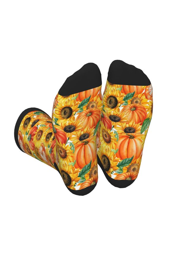 Pumpkins And Sunflowers Print Crew Socks for Men and Women, Men's Soft Moisture-wicking Sock