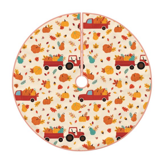 Xecao Pumpkins On Red Car And Tractor Pattern Christmas Tree Skirt Holiday Part Decorations for Christmas Tree, Farmhouse Christmas Decor Xmas Holiday Home Party Decorations-30"