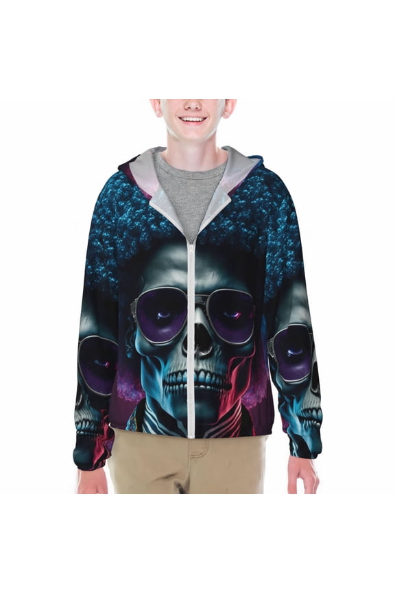 Punk Style Blue Haired Skull Print Fishing Shirts for teenager Long Sleeve UV Sun Protection Hoodie with Zipper Outdoor Hiking Shirts-Small