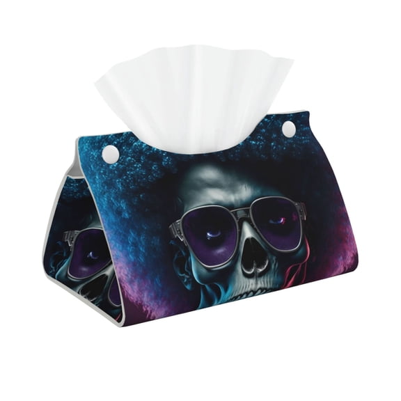 Xecao Punk Style Blue Haired Skull Print Tissue Box Cover,Modern PVC Leather Square Tissue Box Holder for Creative Decorative