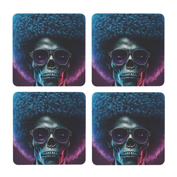 Xecao Punk Style Blue Haired Skull for MDF Cork Coaster 4 Pcs,Drink Coasters,Suit for House Warming Gifts New Home ,Coffee Table Decor-Square