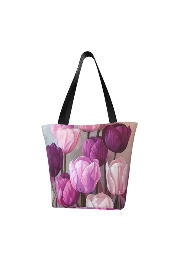 Purple And Pink Tulip Bouquet for Tote Bag for Women -Tote Shoulder Bag with A Little Pocket Inside, Perfect for Travel and Work.