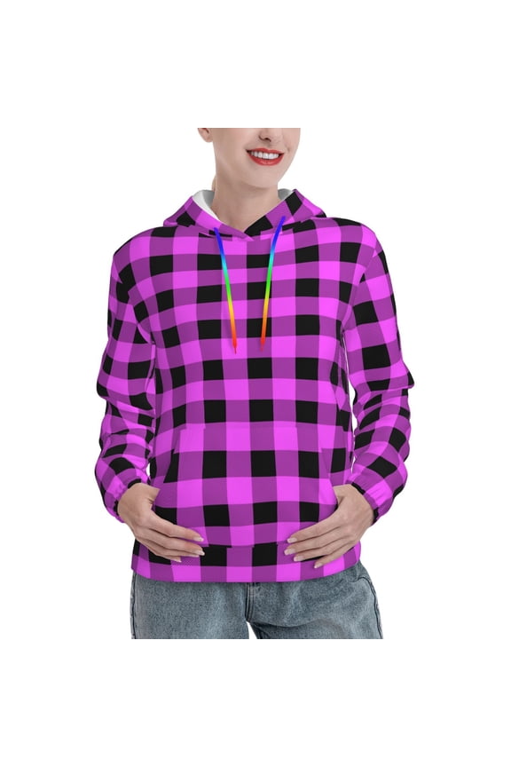 Purple Black Buffalo Plaid Pattern Hoodies for Women Sweatshirts Long Sleeve Sweatshirts Pullover Outfits with Pocket-X-Large