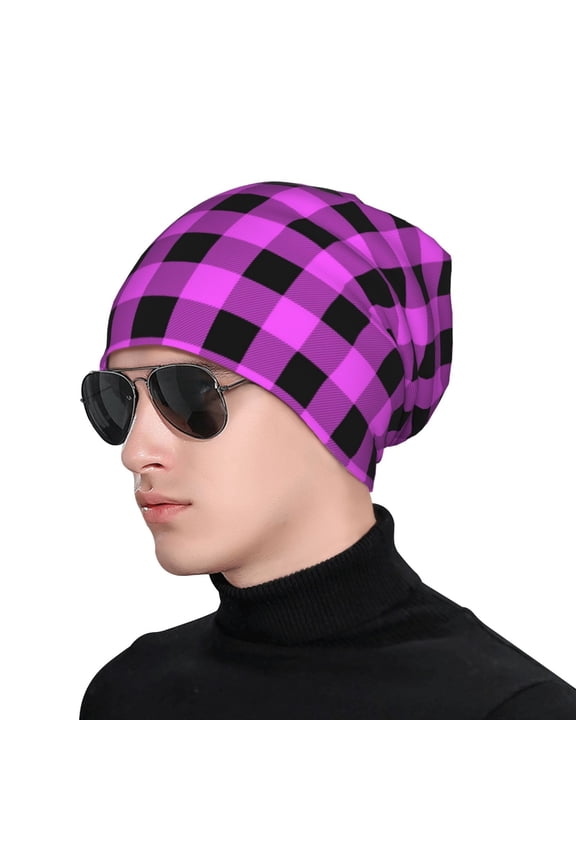 Purple Black Buffalo Plaid Print Beanie Knitted Hat for Men Women, Winter Fashion Knit Cuffed Caps Unisex