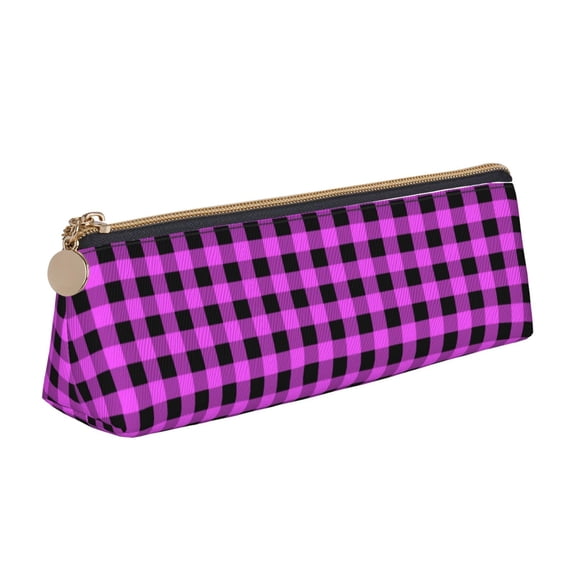 Xecao Purple Black Buffalo Plaid Print Leather Pencil Case -Stationery Bag Pen Holder for Work & Office