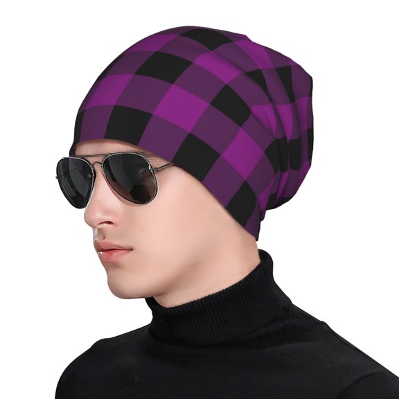 Xecao Purple Black Plaid Print Beanie Knitted Hat for Men Women, Winter Fashion Knit Cuffed Caps Unisex