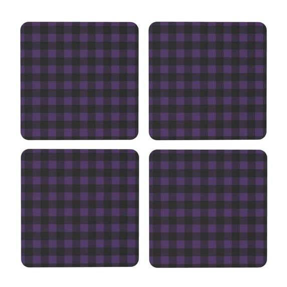 Xecao Purple Black Plaid for MDF Cork Coaster 4 Pcs,Drink Coasters,Suit for House Warming Gifts New Home ,Coffee Table Decor-Square