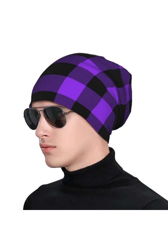 Purple Buffalo Plaid Print Beanie Knitted Hat for Men Women, Winter Fashion Knit Cuffed Caps Unisex