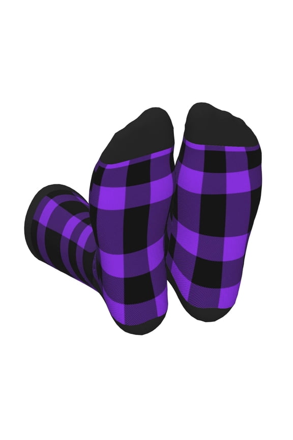 Purple Buffalo Plaid Print Crew Socks for Men and Women, Men's Soft Moisture-wicking Sock