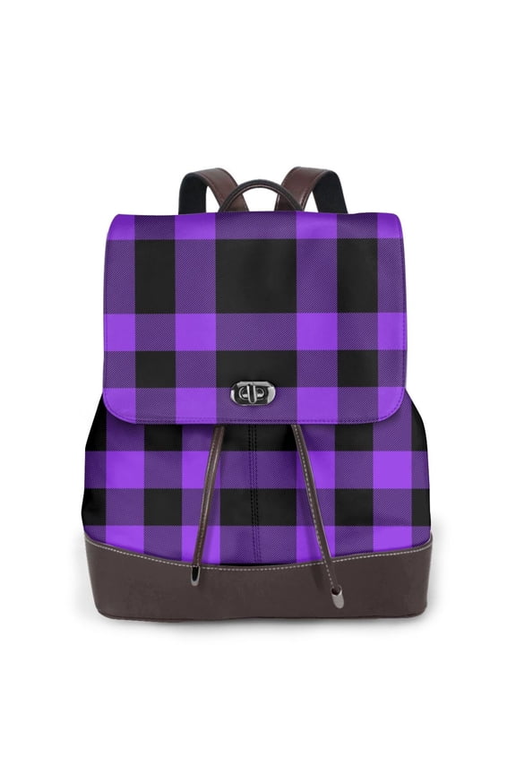 Purple Buffalo Plaid Print Large Backpack Soft Leather for Women Travel with Compartment, Adjustable Convertible Strap